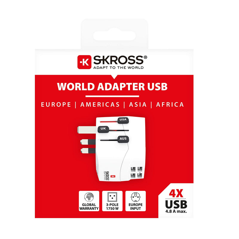 SKROSS | 1.302461 | Pro Light USB (4xA) | Universal Travel Adapter 2 & 3 Pin with 4 USB Ports 4.8A Voltage and Power: 100V-700W/250V-1750W Suitable for PC and Hair Dryer PRO Light USB (4xA)