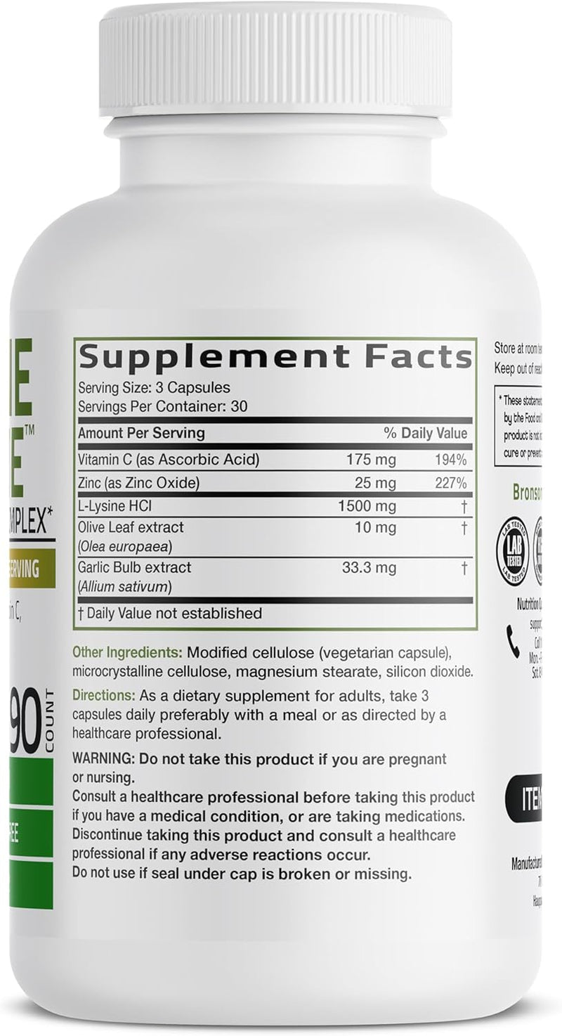 Lysine Rescue, Amino Acid Supplement L-Lysine Defense Immune Support Complex 1500 MG L-Lysine Plus Olive Leaf, Garlic, Vitamin C and Zinc