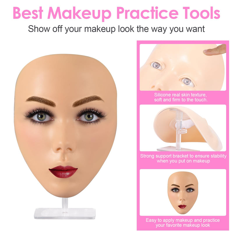 [Australia] - 3D Makeup Practice Kit, Reusable Silicone Practice Face Board/Makeup Mannequin Face,with Brushes&Eyebrow Pencils&Eyelashes&Bag&Eyeshadow&Lipstick 