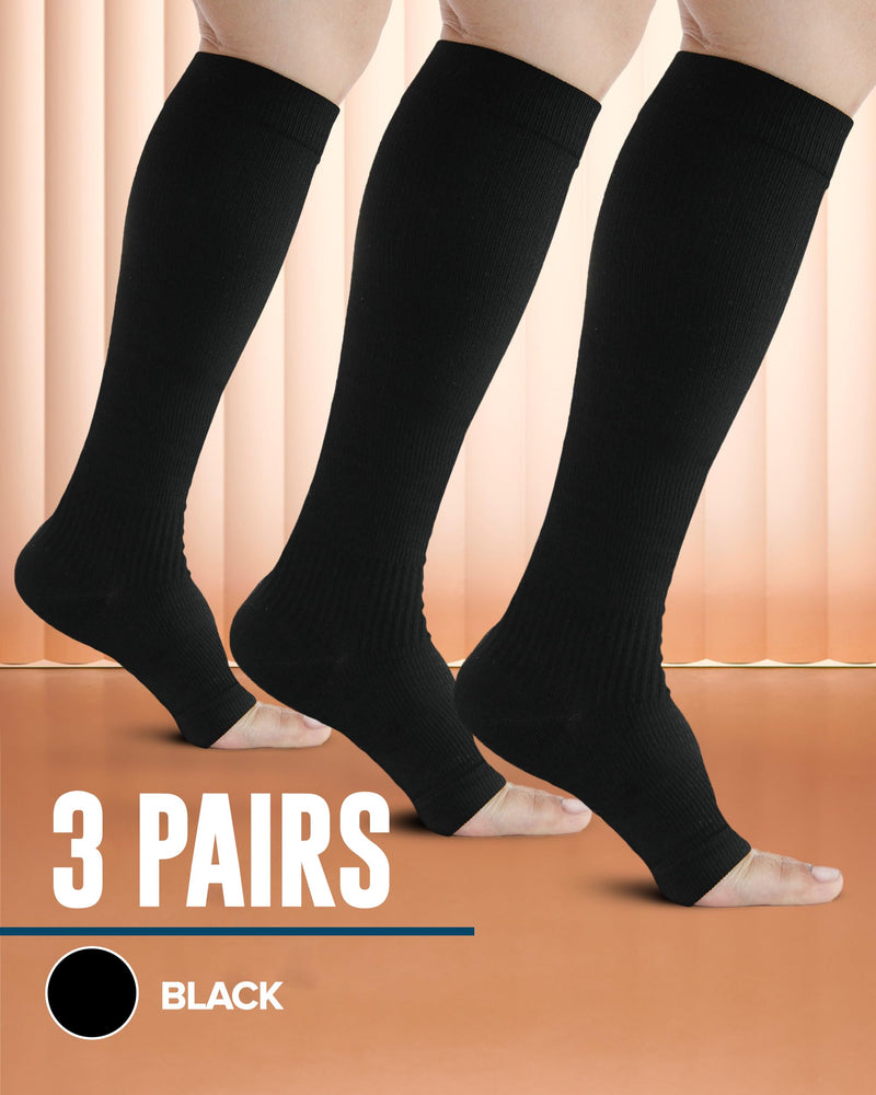 [Australia] - Doctor's Select 3 Pairs Copper Toeless Compression Socks for Men - 20-30 mmHg Open Toe Compression Socks Women, Toeless Socks, Knee High, Black Black - 3 Pairs Large-X-Large 