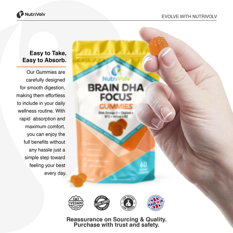 Brain DHA Focus Gummies | 60 Vegan Gummies | Omega 3 DHA from Algae Oil, Choline, B12, Iodine & K2 MK-7 | Peach & Mango Flavour | Brain & Cognitive Support | 30 Days Supply | UK Made | by NutriVolv