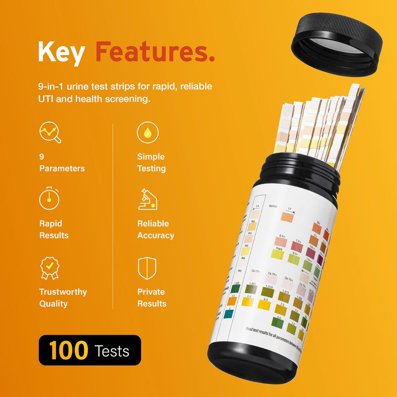 100 x AYDMED 9-in-1 UTI Test Strips | 9 Parameter Urine Test Strips for Leukocytes, Nitrite, Specific Gravity, pH, Protein, Urobilinogen, Bilirubin, Ketone & Ascorbic Acid | FSA & HSA Eligible