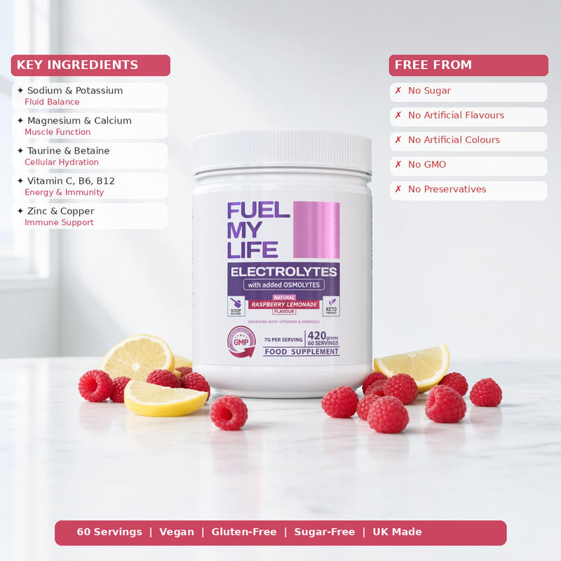 Electrolyte Powder with Osmolytes - Natural Raspberry Lemonade Flavour - 420g (60 Servings) - Sugar-Free with Vitamins & Minerals - Vegan - UK Made