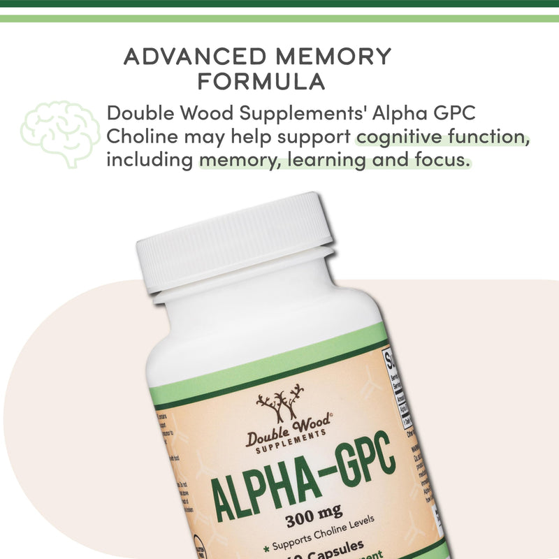 [Australia] - Alpha GPC Choline Brain Supplement for Acetylcholine (60 Count, 600mg Servings) Advanced Memory Formula, Focus and Brain Support, Focus Supplement (Manufactured in The USA) by Double Wood 60 Count (Pack of 1) 