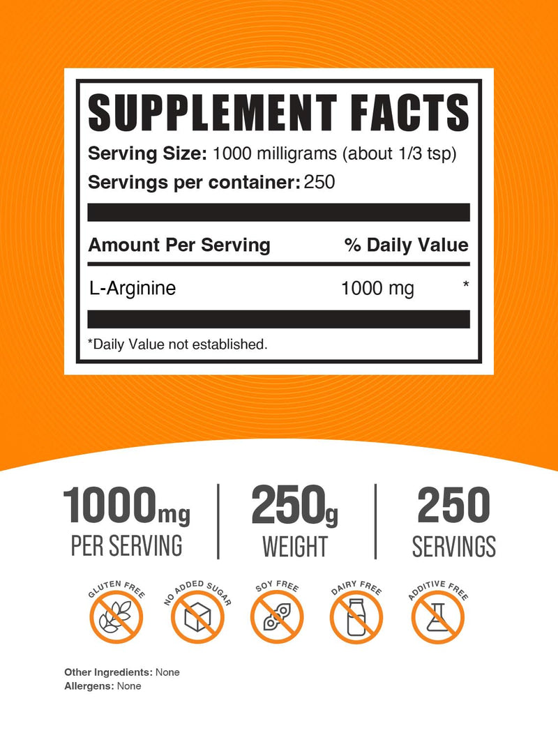 BulkSupplements.com L-Arginine Powder - Arginine 1000mg, Arginine Supplement - Nitric Oxide Supplement, Unflavored & Gluten Free, 1000mg per Serving, 250g (8.8 oz) (Pack of 1) 250 Servings (Pack of 1)