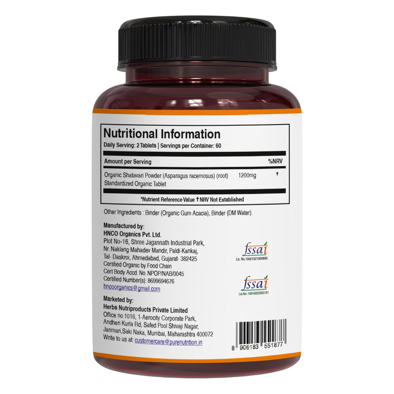 Pure Nutrition Organic Shatavari Tablets - 1200mg | 120 Count | USDA Organic | Promotes hormonal Balance & Female Reproductive Health | Non-GMO | Gluten-Free 120 count (Pack of 1)