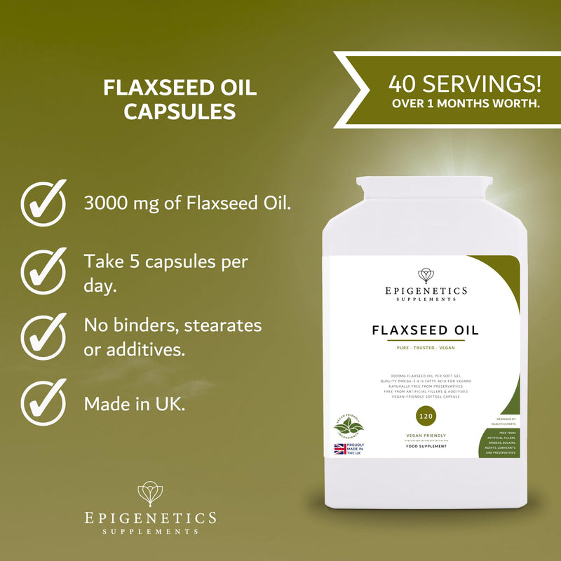 Flaxseed Oil 3000mg | Organic Flax Seed (Linum Usitatissimum) | 120 Vegan Friendly Softgel Capsules UK Made | 1.3 Months Supply by Epigenetics Supplements