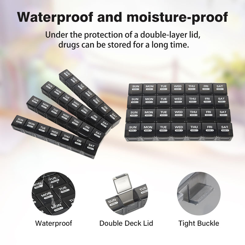 Monthly Pill Organizer, Once a Day, 4 Weeks a Month, 28 Days in a Large Pill Box, Portable for Travel, can Hold a Large Amount of Vitamins, Supplements, Fish Oil, and Medication (Black) Black