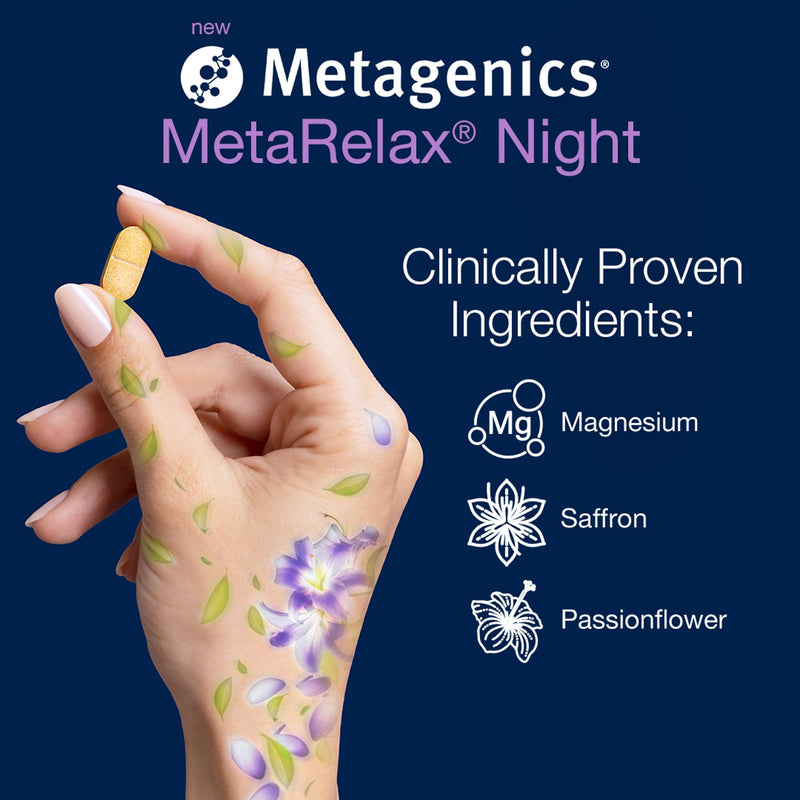 Metagenics MetaRelax Night - Supplement for Bedtime - with Passionflower, Magnesium, Saffron, Zinc & B Vitamins - Vegan - 30 Tablets