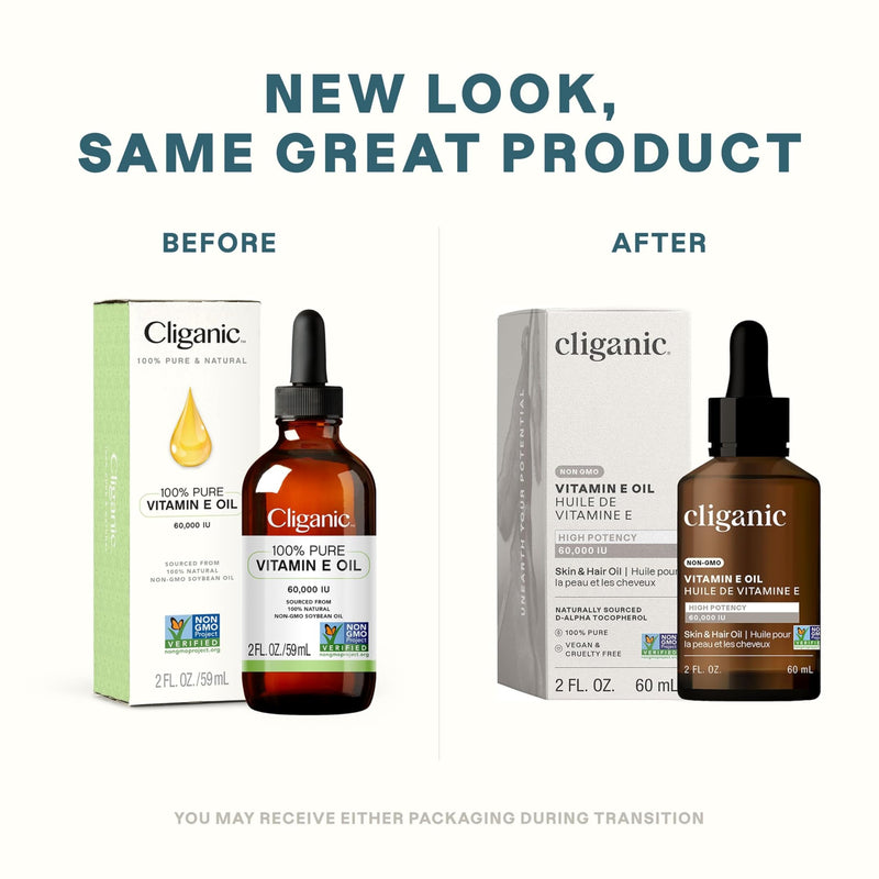 [Australia] - Cliganic Pure Vitamin E Oil for Skin, Scars, Hair & Face - 60,000 IU, Non-GMO Verified | Natural D-Alpha Tocopherol 2 Fl Oz (Pack of 1) 