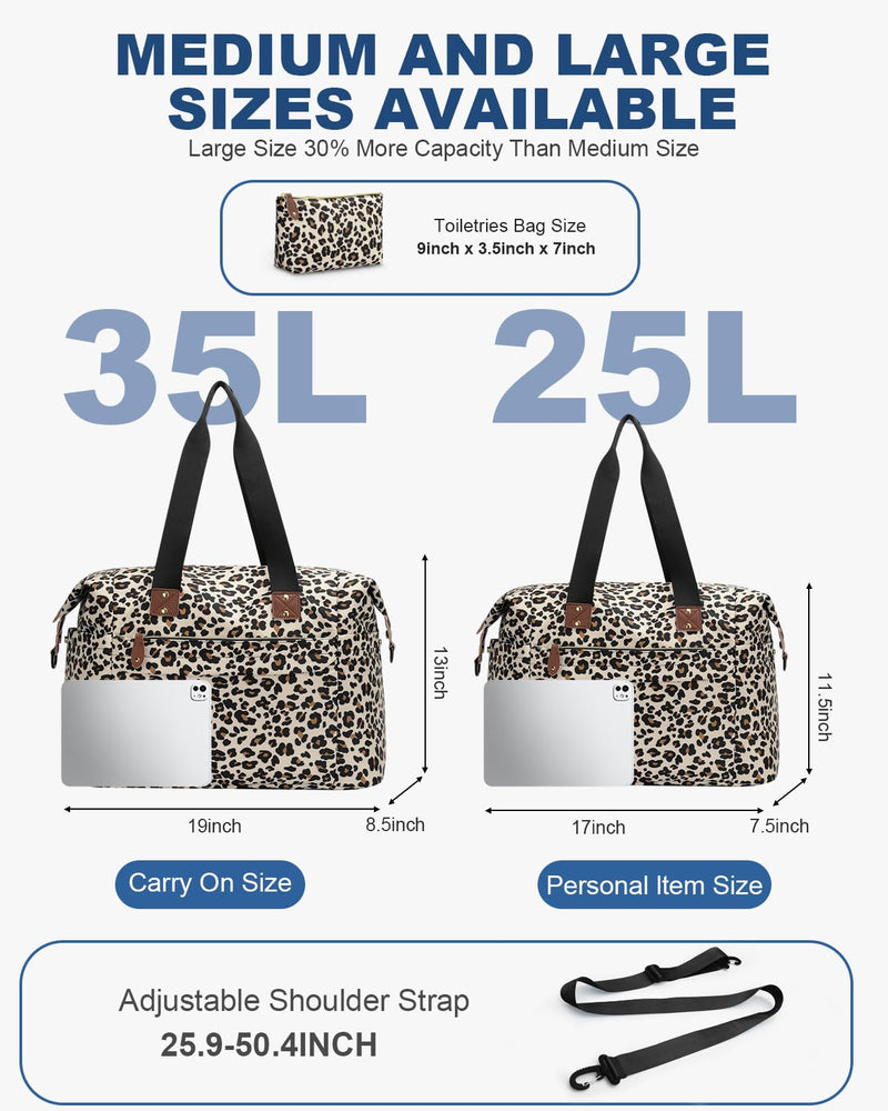 Pritent Travel Duffle Bag, Weekender Overnight Personal Item Carry On Bag | Waterproof, Duffel Bag, with Toiletry Bag, Removable Strap, Hospital Bag for Labor Delivery, Airplane Travel, Gym Large Leopard