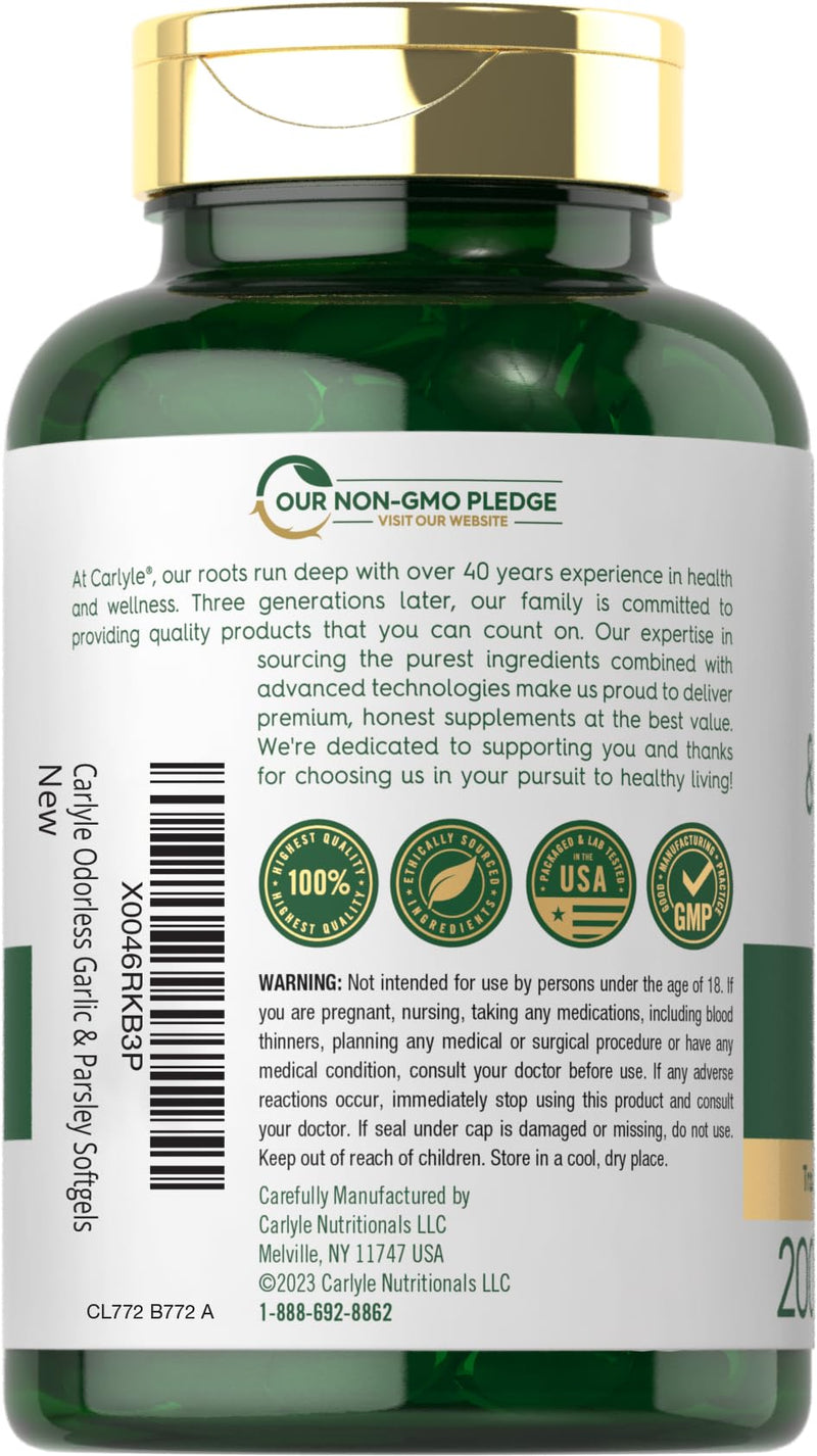 Carlyle Odorless Garlic & Parsley 1800mg | 200 Softgels | Non-GMO, Gluten Free Supplement 200 Count (Pack of 1)