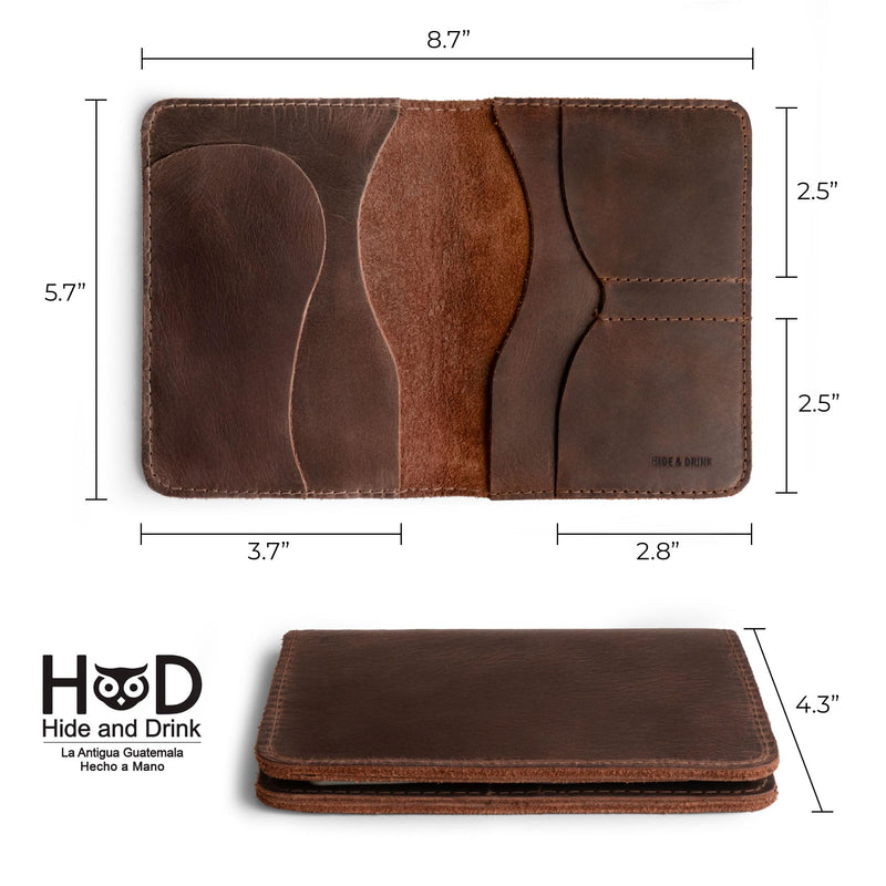 Hide & Drink, Double Passport Cover with Slots for Bills and Keys, Rustic Case, ID Organizer, Full Grain Leather, Handmade Accessories, Bourbon Brown