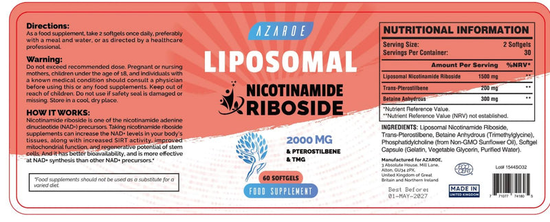Liposomal Nicotinamide Riboside 2000mg with TMG and Pterostilbene | More Efficient Than Precursors, Boost NAD+ (60 Count (Pack of 2)) 60 count (Pack of 2)