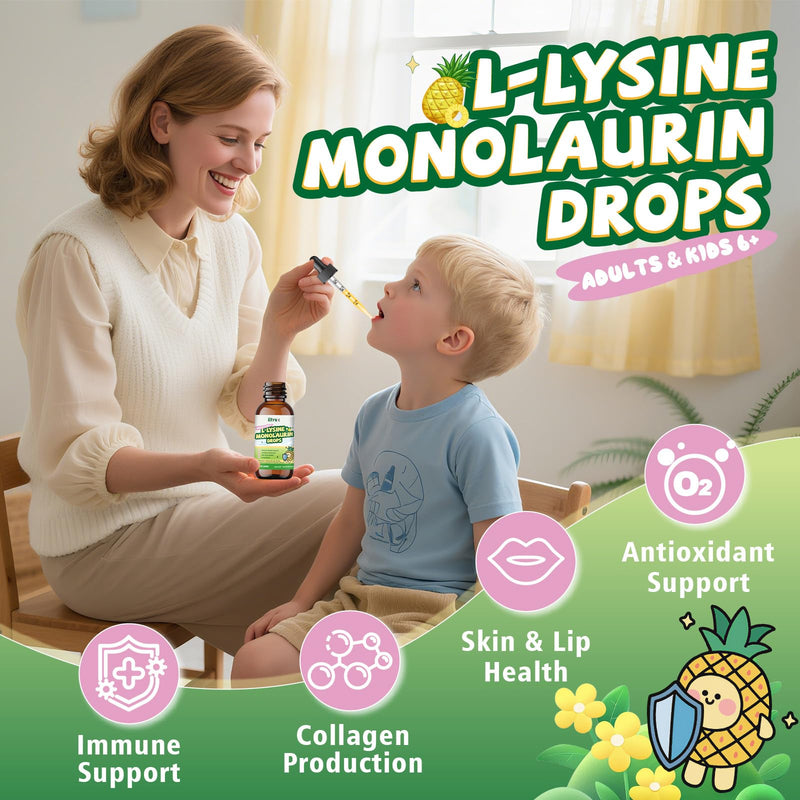 [Australia] - L-lysine Monolaurin Liquid Drops, Lysine 1000mg Supplement for Kids & Adults, with Vitamin C & D3, Zinc Citrate, Selenium, Quercetin & Elderberry Extract, Immune Support, Lip & Skin Health, 2 FL OZ 
