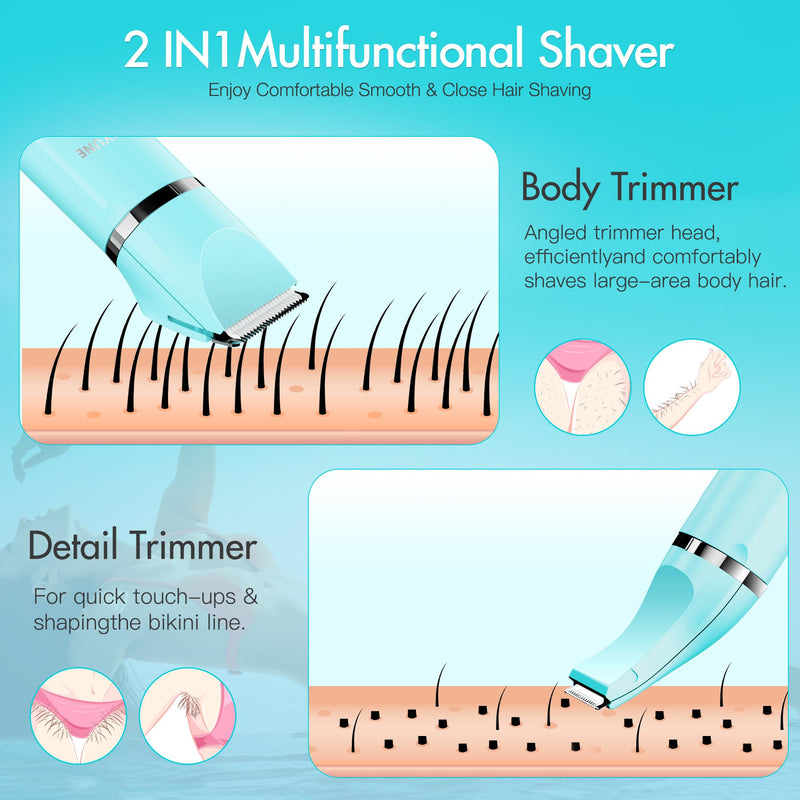 Bikini Trimmer for Women, 2 in 1 Electric Women Pubic Hair Trimmer, Portable Ladies Shaver with 2 Heads Waterproof Wet and Dry Use Bikini Trimmer