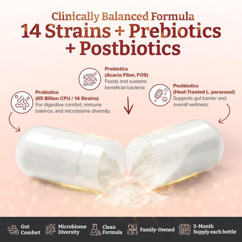 65 Billion CFU Probiotic Supplement x 180 Capsules (2 Bottles of 90) – 14 Strains with Prebiotics & Postbiotics – 6 Month's Supply 90 count (Pack of 2)