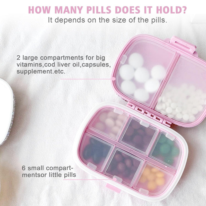 Bling Pill Case for Purse Medicine Vitamin Container Holder with Stickers | Pocket Pill Case Round Medicine Organizer for Vitamin/Fish Oils/Supplement Travel Medicine Kit 8 Compartment Pink