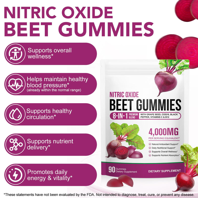 Beetroot Gummies for Blood Pressure, Heart Health Support, Energy Level Support, Promoting Nitric Oxide, Enriched with 200mg CoQ10 & Beet Root Extract, Vitamin B12, C, Sugar-Free, 90 Chews