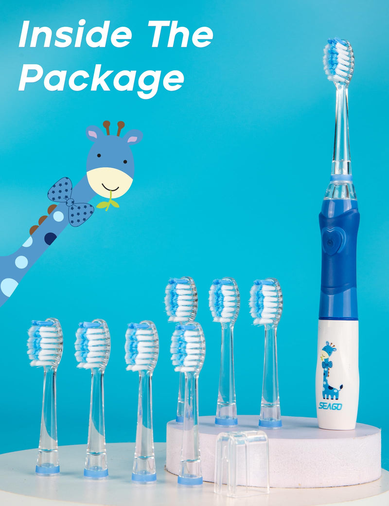 [Australia] - SEAGO Kids Electric Toothbrush with 2 Mins Brushing Timer and 8 Replacement Bursh Heads,Rainbow LED Light Make Brushing Fun, Blue Color Boys Battery Powerd Toothbrush for 4-12 Years Old 