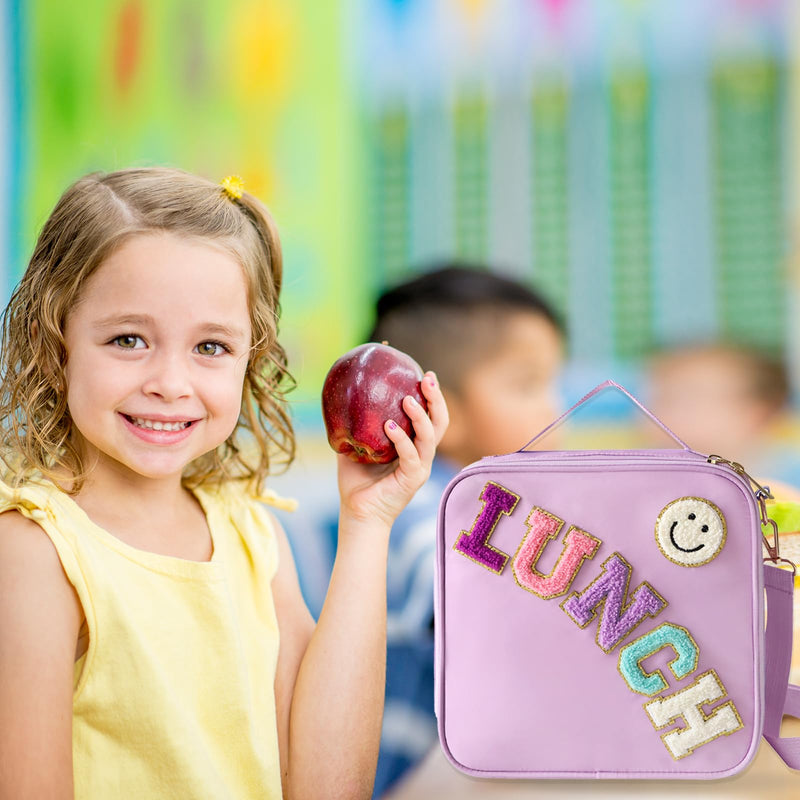 [Australia] - Insulated Lunch Bag With Adjustable Shoulder Strap, Nylon Preppy Lunch Box Large Insulated Lunch Bag Reusable Lunch Tote Bag with Smiley Preppy LunchBag for Girls School Travel Picnic (Purple) Purple 