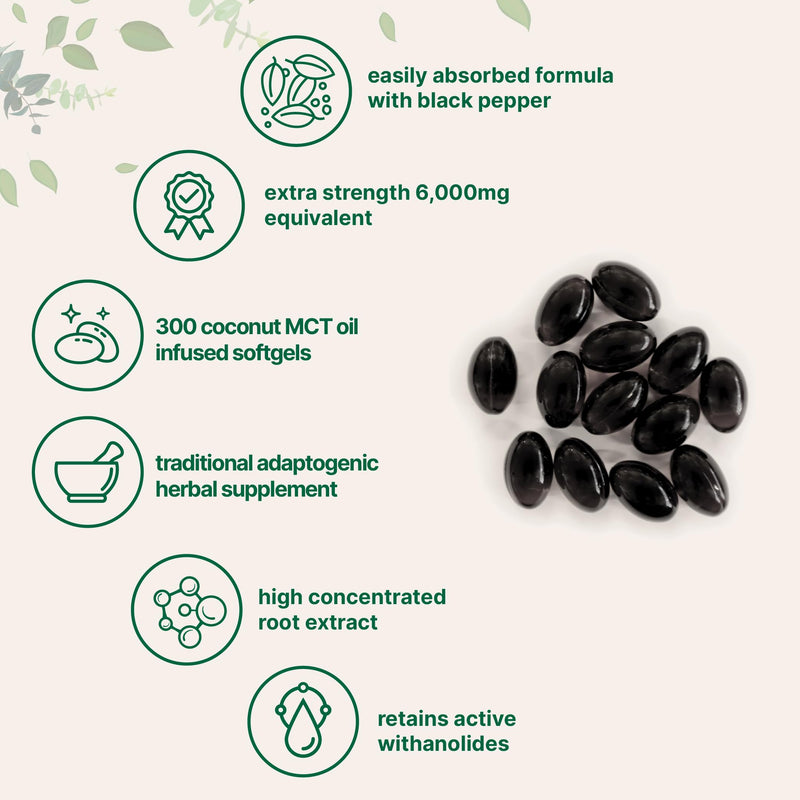 [Australia] - Ashwagandha Supplements 6,000mg Per Serving | 300 Coconut MCT Oil Softgels with Black Pepper for Better Absorption | Potent Root Extract | Natural Herbal Support for Relaxation | Non-GMO 