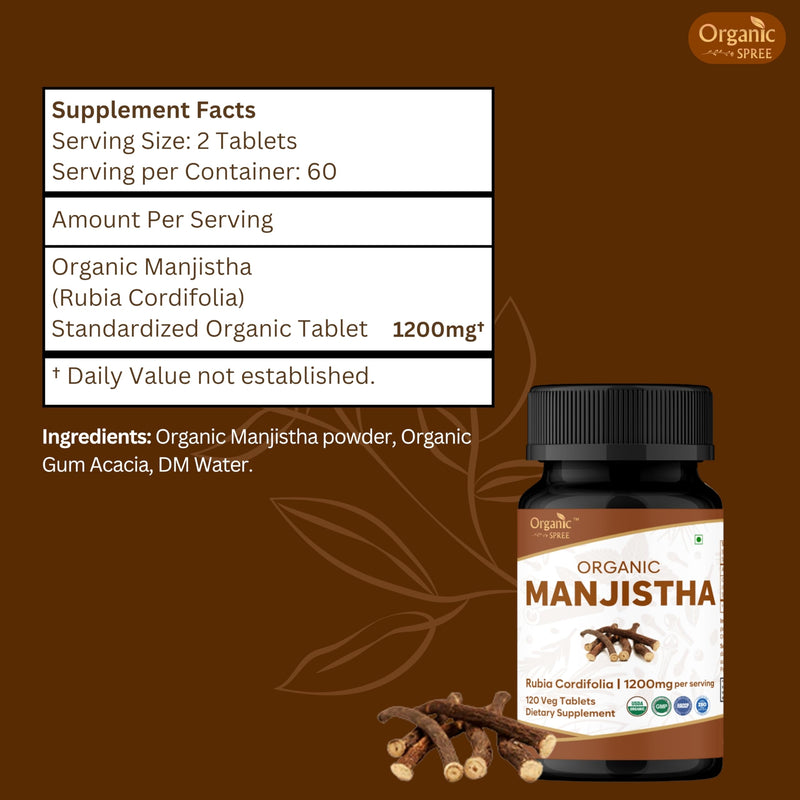 ORGANIC SPREE MANJISTHA 120 Tablets | Rubia Cordifolia (Manjistha) | USDA Organic Certified | Organic and Natural - Pack of 2