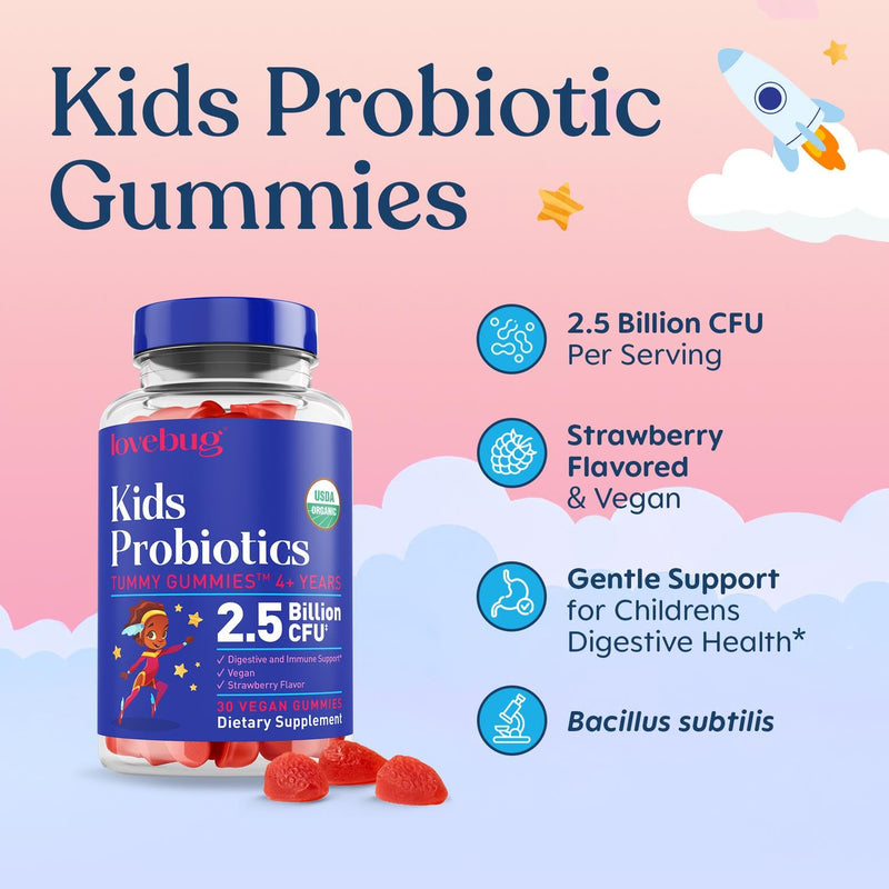 LOVEBUG Kids Probiotic Gummies – Organic Chewable Probiotics for Kids Aged 4+, Soil-Based Children’s Probiotic for Gut Health, Constipation, Digestive & Immune Support, Vegan, 30 Chews, Strawberry 30 Count (Pack of 1)