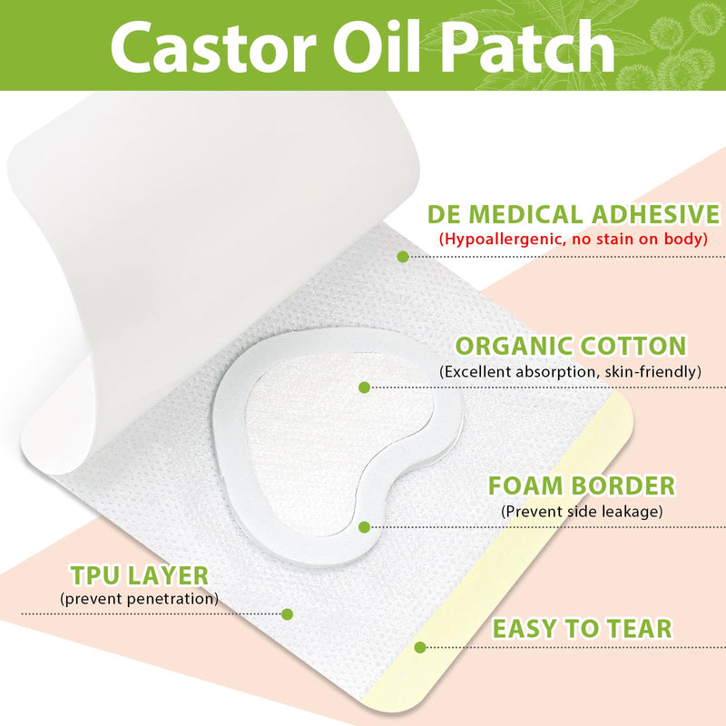 [Australia] - 30 Pcs Castor Oil Patches with Castor Oil Organic Cold Pressed Unrefined Glass Bottle(3.5oz),Cotton Caster Oil Pack Wrap for Waist Back Neck Arm Belly,Self-Adhesive Disposable for Convenient Use Daily Use Set 