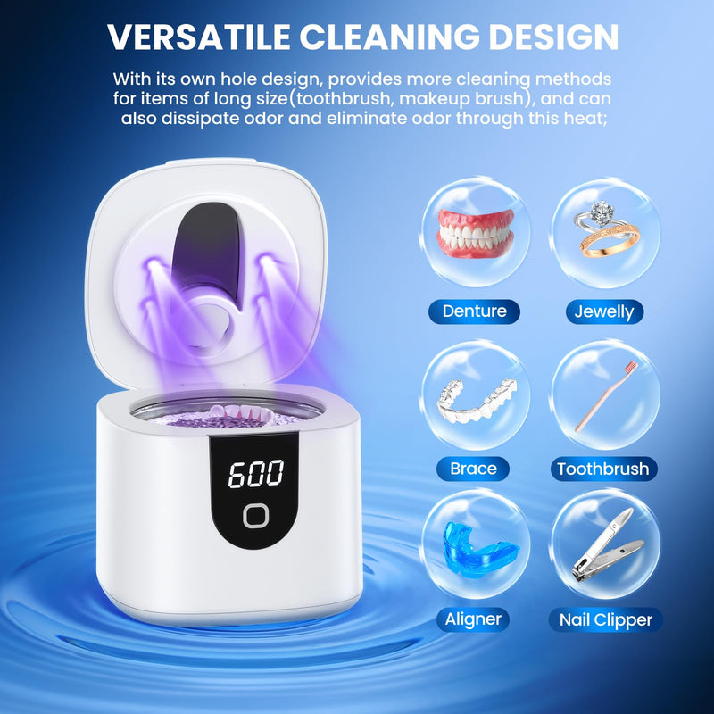 [Australia] - 45kHz Ultrasonic Retainer Denture Cleaner Machine, Fast Cleaning for Aligners, Mouth Guards, Braces, Toothbrush Heads & Jewelry, 200ML Dental Cleaning Pod, 4 Modes & Digital Timer (White) White 