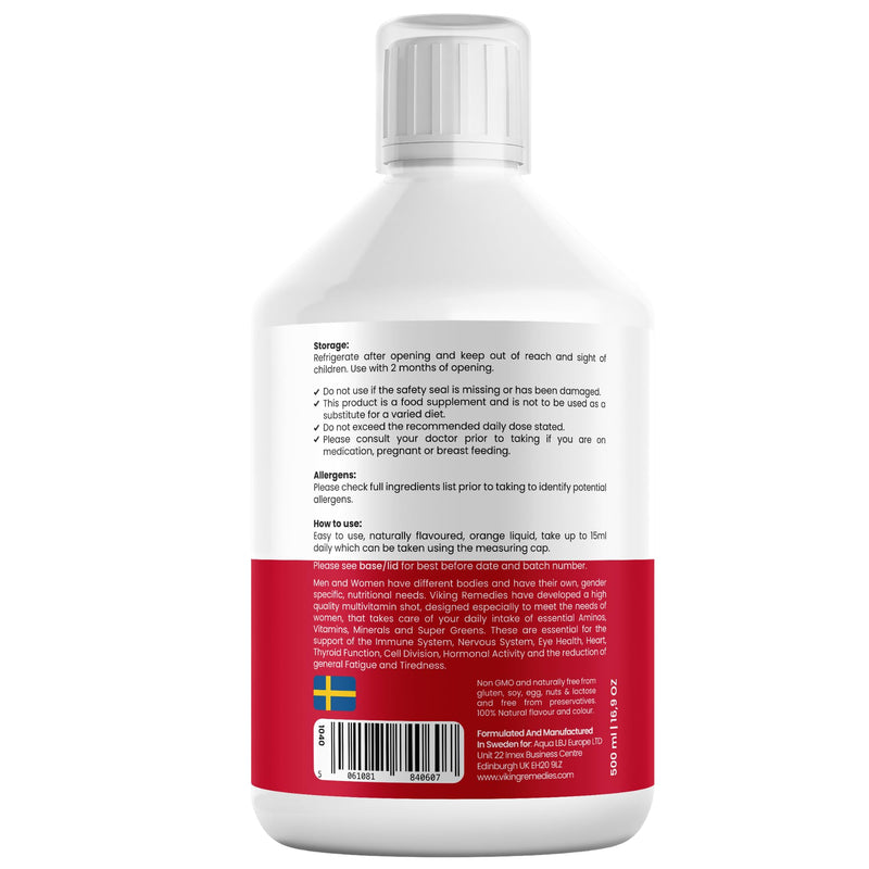 Women’s Multivitamin Liquid – 140+ Nutrients with Amino Acids, Biotin, Iron, B Vitamins, Ginseng – Skin, Hair, Energy & Hormone Support – Orange Flavour – 500ml