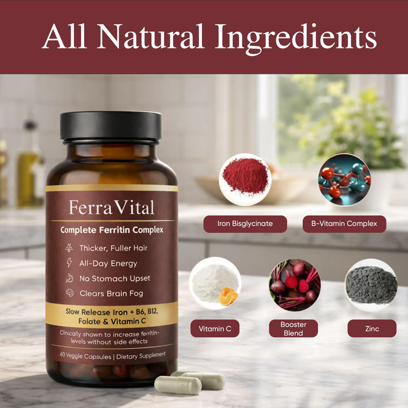 Ferravital Ferritin Support, Ferritin Supplement for Women, Daily Iron Supplement with Iron Bisglycinate Lactoferrin Vitamin C B12, Gluten Free & Non-GMO, 60 Capsules (A) A