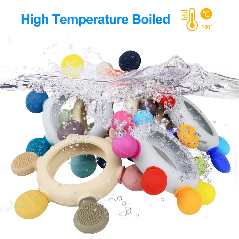 [Australia] - Baby Teething Toys Silicone Teethers BPA Free Silicone Rudder with Wooden Ring Soothe Babies Gums (Khaki) Khaki 