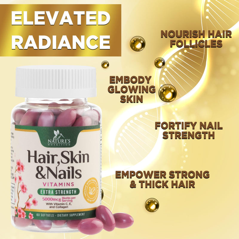 Hair Skin and Nails Vitamins for Hair Growth - Biotin 5000mcg Per Serving - Extra Strength Collagen, Argan Oil & Hyaluronic Acid - Best Beauty Supplement for Women & Men - USA Bottled - 60 Softgels 60 Count (Pack of 1)