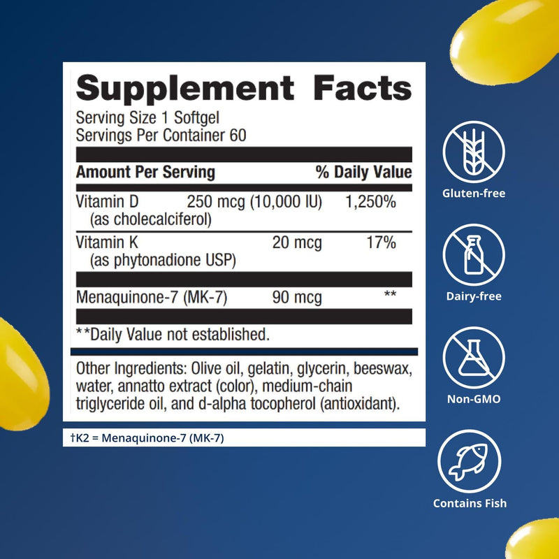 Metagenics Vitamin D3 and Vitamin K2 10,000 IU with MK-7- Vitamin D3 with K2 for Immune Support, Bone & Heart Health-Non-GMO, Gluten-Free-60 Softgels