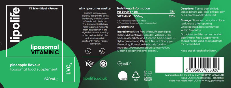 Liposomal Vitamin C - 500mg | High Strength Pineapple Flavour | 48 Servings | LVC4 | Higher Absorption, Scientifically Proven | Advanced Nutrient delivery | Made in UK by lipolife 250 ml (Pack of 1)
