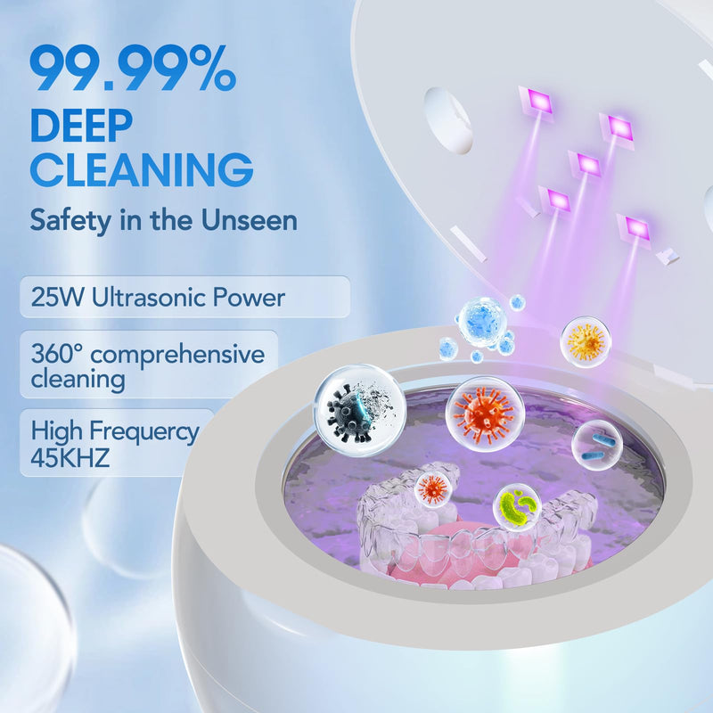 [Australia] - Ultrasonic Retainer Cleaner Machine, Cleaning Pod for Jewelry Cleaner, Dentures, Mouth Guards, Rings, Earrings, Glasses- 200ML 45kHz One-Touch 5-Minute Deep Clean (White) White 