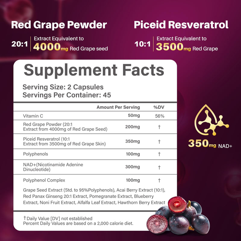 Piceid Resveratrol Supplement and NAD+ Cell Regenerator, Nitric Oxide Supplement, Support Heart Health, Blood Flow, Cellular Energy Production & Metabolism, Red Grape Powder, 45 Day Supply 90 Count (Pack of 1)
