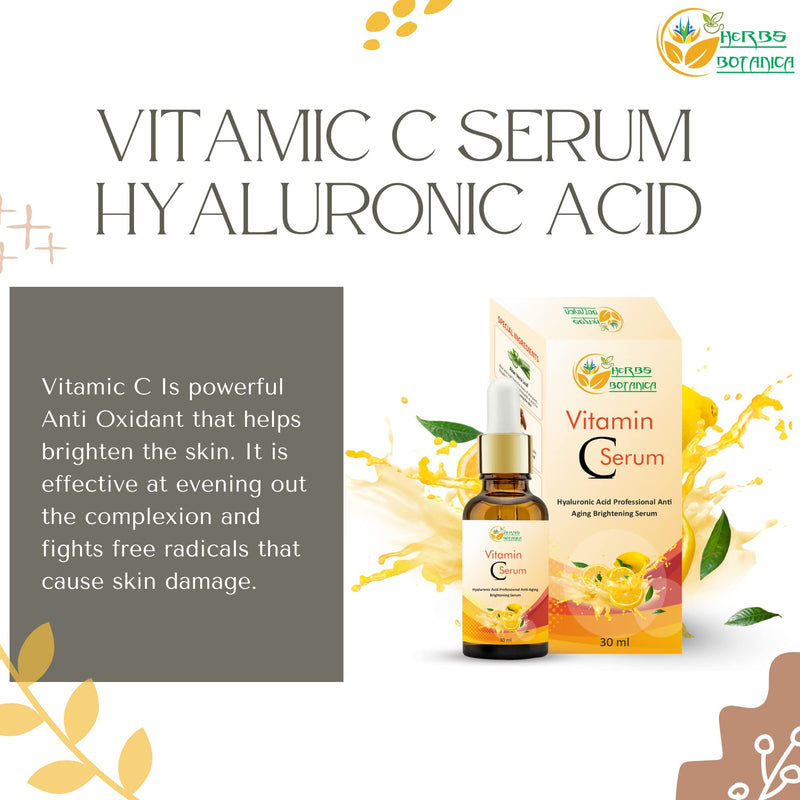 Herbs Botanica Vitamin C Serum For Face with Hyaluronic For Anti Aging Hydrating & Serum for Dark Spots, Fine Lines, Includes Vitamin E, Organic Aloe Vera and Jojoba Oil 1 fl oz Vitamin C Serum with Hyaluronic Acid