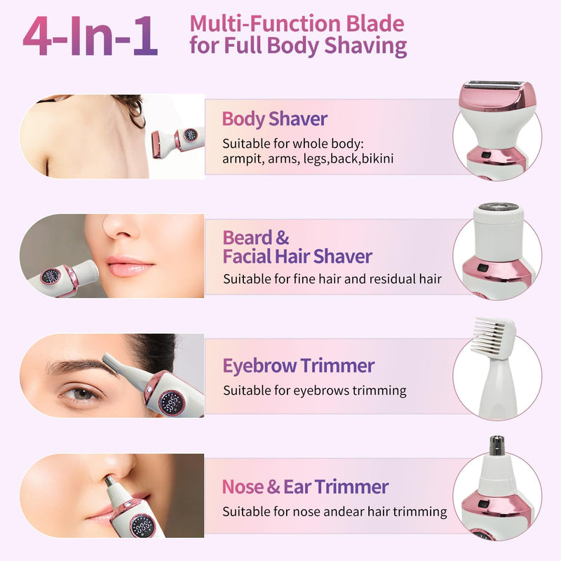 4-in-1 Electric Razor & Bikini Trimmer for Women - Rechargeable Wet/Dry Body Shaver for Face, Legs, Underarms, Pubic Hair, IPX6 Waterproof with LED Light & Travel Lock
