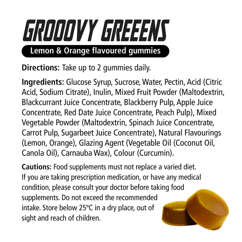 Grooovy Greeens Gummies, Super Greens with Probiotics, Fruit & Vegetable Extracts for Gut Health, Digestion & Energy, Vegan & Gluten Free, Natural Orange & Lemon Flavour x 60 Gummies