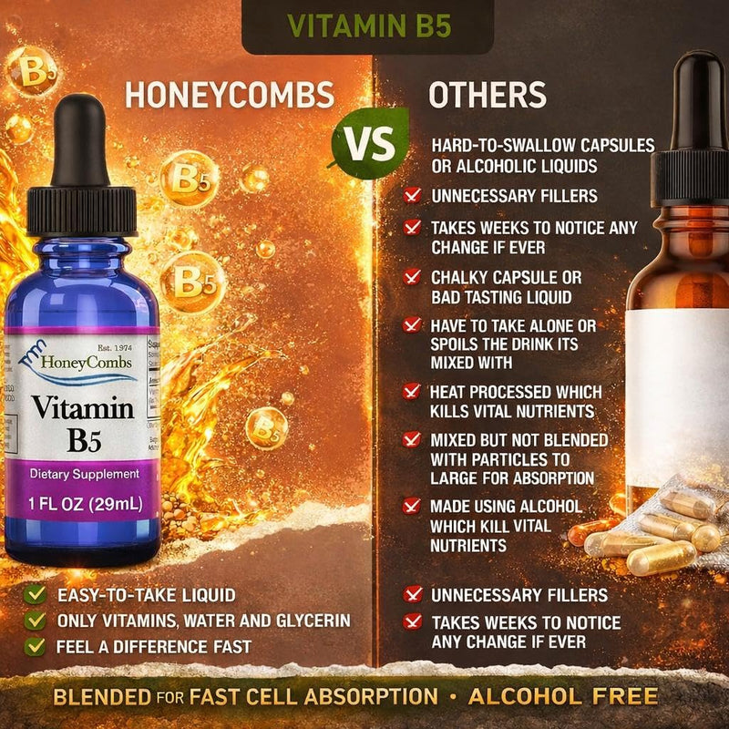 HoneyCombs Vitamin B5 Liquid Drops Pantothenic Acid, 1oz | Liquid Vitamin B5 (Pantothenic Acid) supports healthy energy metabolism with a fast-absorbing liquid formula 1 Fl Oz (Pack of 1)