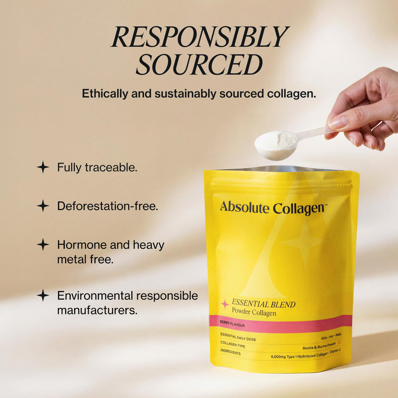 Absolute Collagen Essential Blend Halal Powder Collagen | Berry Flavour | 8000mg Collagen (5000mg Bovine & 3000mg Marine) | 60mg Vitamin C | Supports Hair, Nail & Skin Health | 4 Week Supply