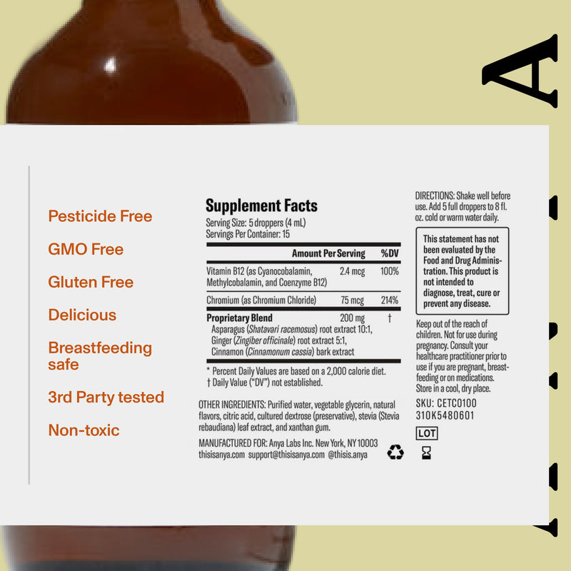 ANYA Postpartum Energy Drops, 2 fl oz, 15 Servings, Vitamin B12 | Vitamin B12 & chromium liquid supplement. Caffeine-free, non-GMO, gluten-free formula with 15 servings