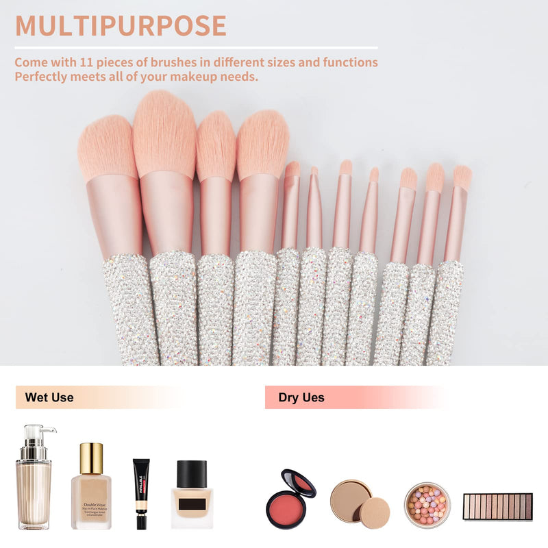 KEYPOWER Large Capacity Glitter Sequin Cosmetic Bag Silver & 11PCS Makeup Brushes Bling Crystal White