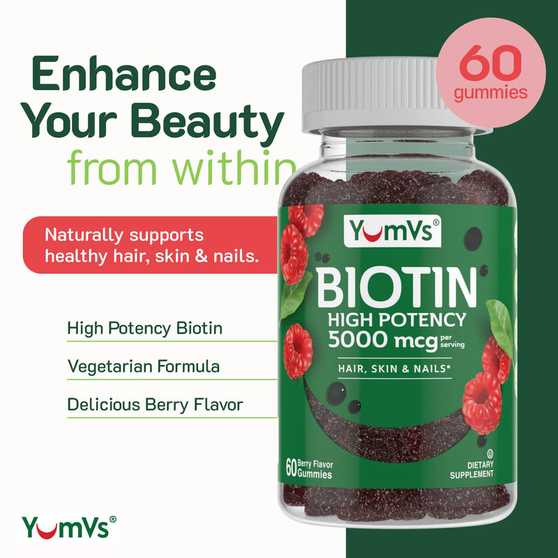 YUM-V'S YumVs Biotin Gummies 5000mcg - Luscious Raspberry Flavor - Thicker Faster Hair Growth Gummies for Women or Men - Hair, Skin & Nails Vitamins - Hair Gummies (60 Count (Pack of 2)) 60 Count (Pack of 2)
