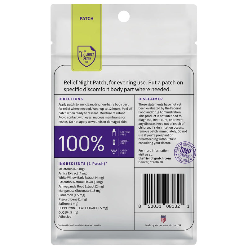 Relief Night Patch - 8 Pack Arnica, White Willow Bark, Melatonin, Ashwagandha for Soreness for Sleep Patches for Women and Men Pain - Night 8 Count (Pack of 1)