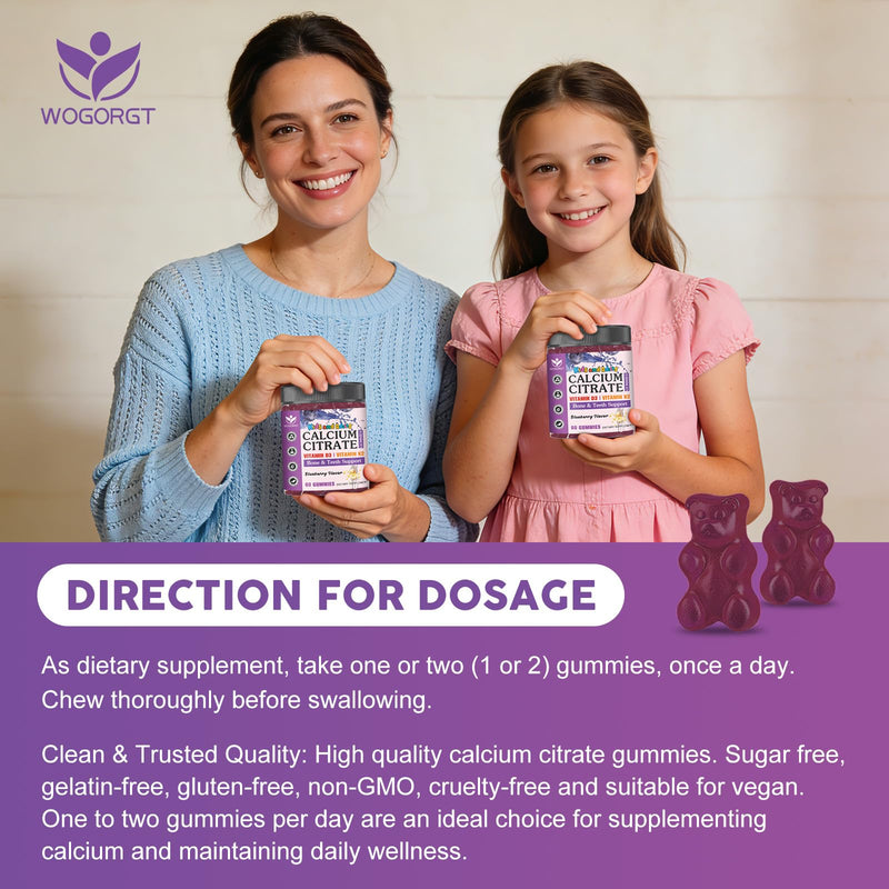 Calcium Citrate Gummies with Vitamin D3 for Kids & Adults, Sugar Free, 60Ct | WOGORGT - Kids Calcium Citrate 600mg Gummies Supplement with Vitamin D3, K2, Bone & Immune Support, Vegan, Blueberry Flavor 60 Count (Pack of 1)
