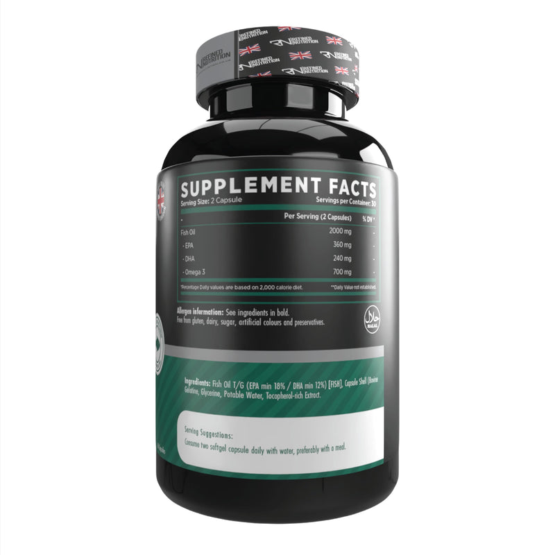 Refined Nutrition Ultra Omega 3 Fish Oil 2000mg | Halal Certified Bovine Gelatine Softgels | 700mg Active EPA & DHA | Supports Heart, Brain & Joints | 60 Easy Swallow Capsules (30 Day Supply) UK Made