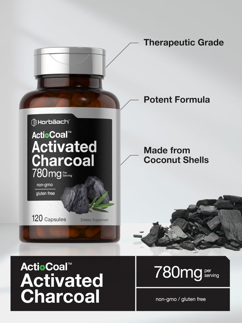 Horbäach Charcoal Pills 780mg | 120 Capsules | Activated Charcoal from Coconut Shells | Non-GMO and Gluten Free | Acti-Coal 120 Count (Pack of 1)